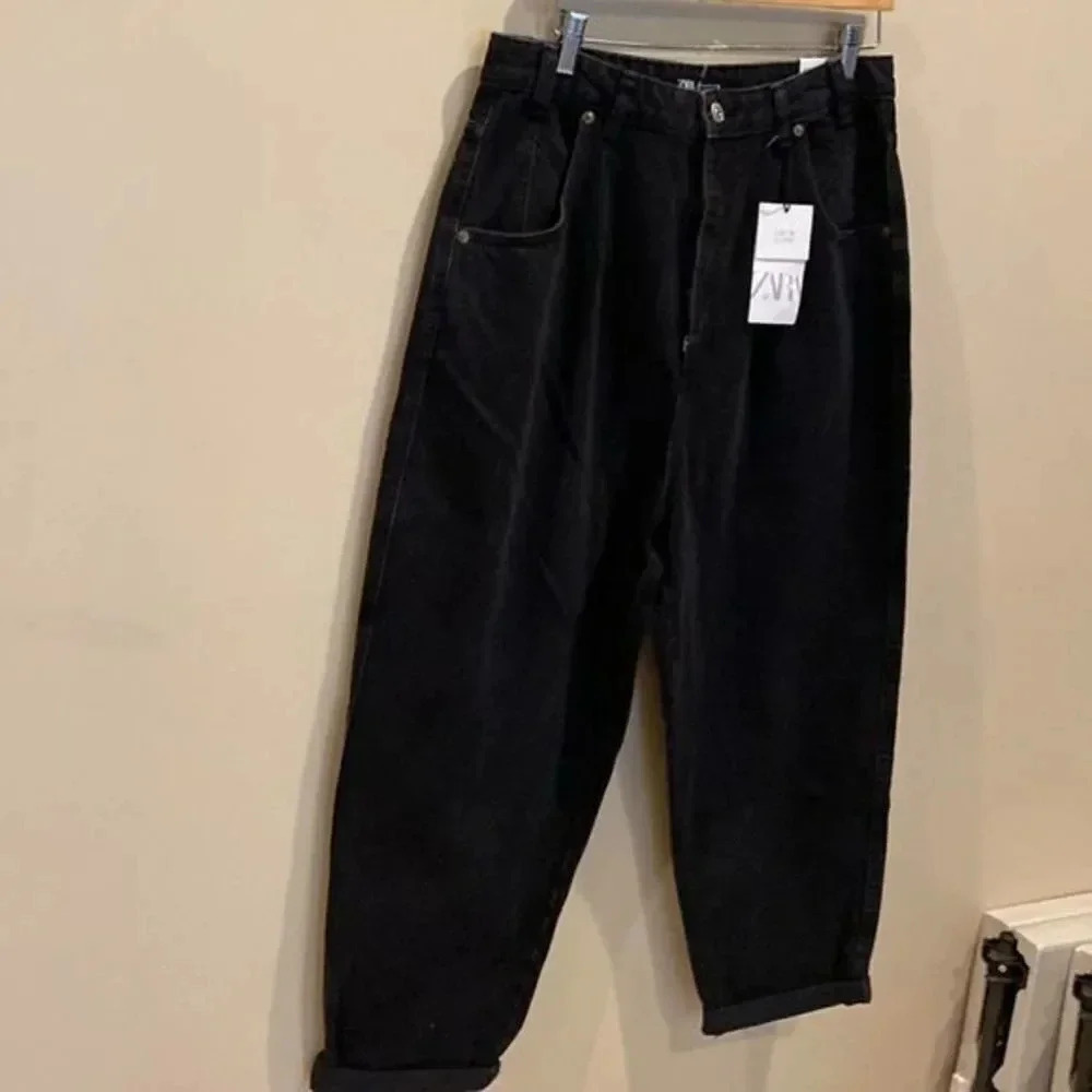 Zara Black Denim Relaxed Baggy Snap-Ankle Jeans - Picture 12 of 14